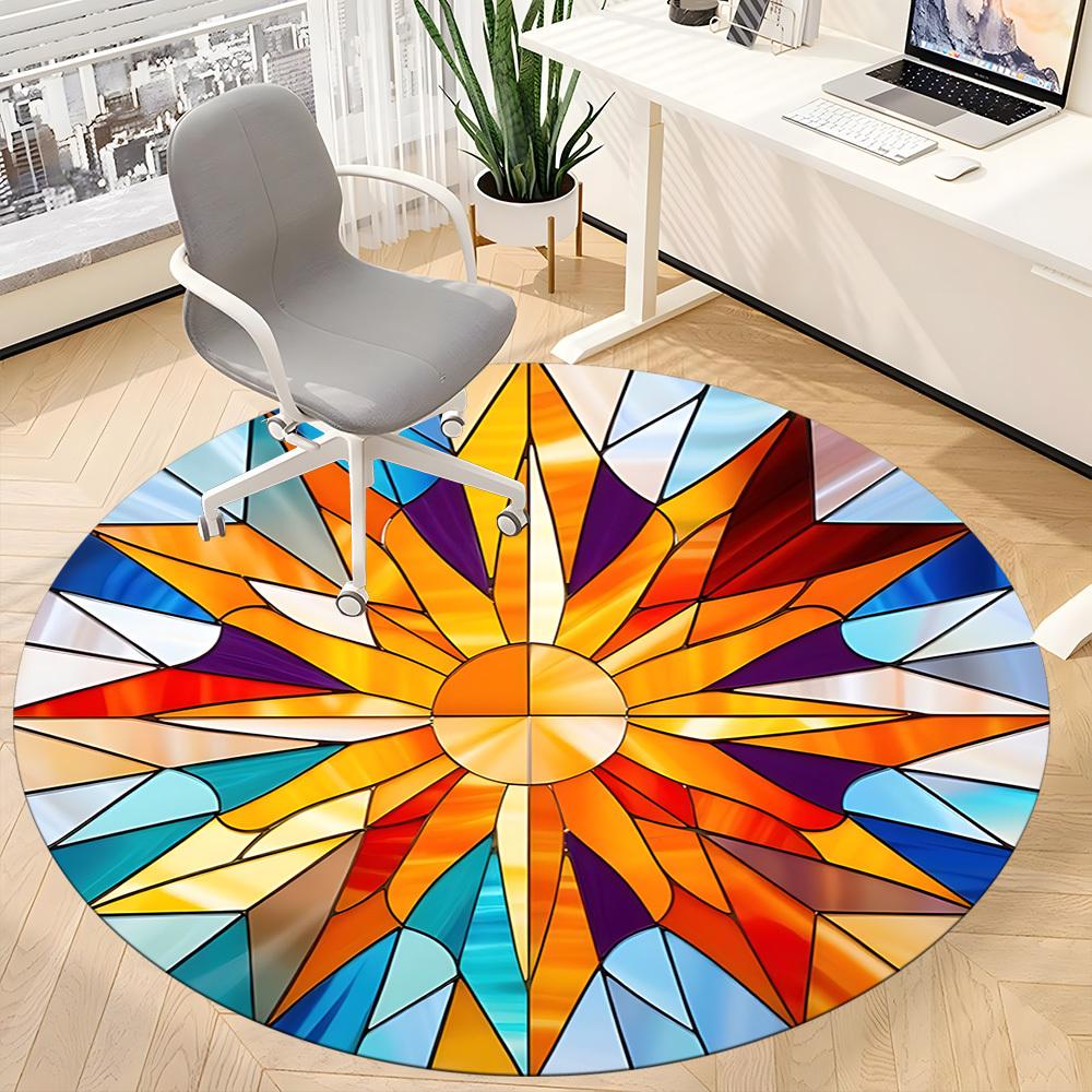 1pc Stained Glass Sunburst Office Round Area Rug, Indoor Mat Suitable ForOffice, Under Office Chairs Bedroom Living Room Home Decor, D159