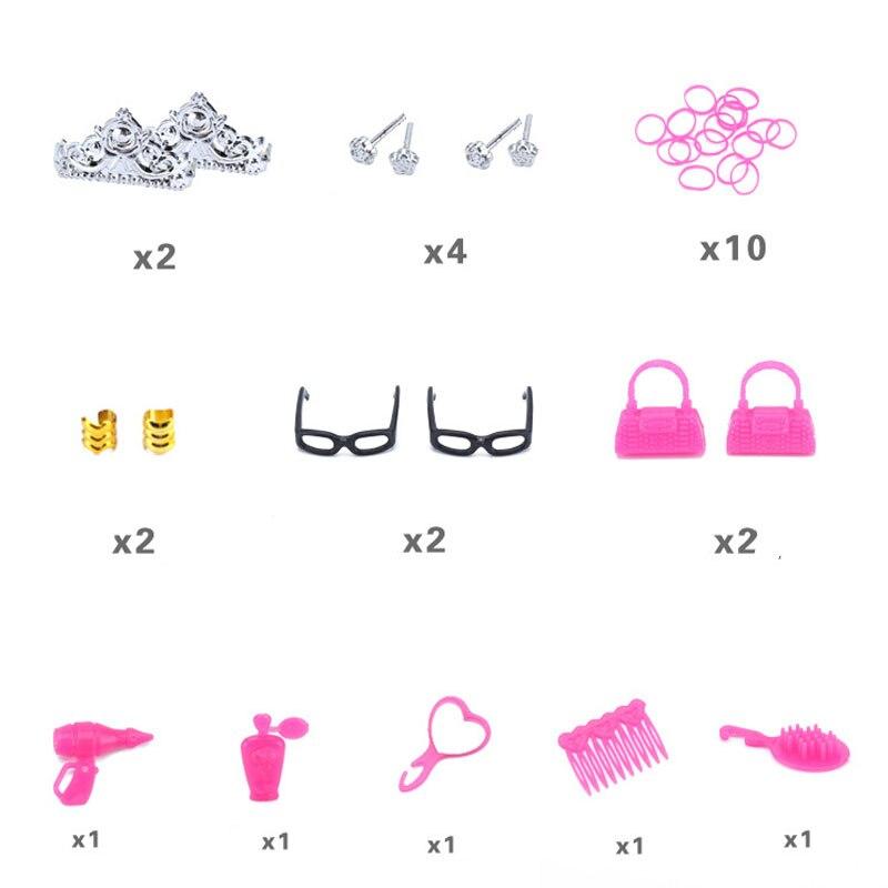 83 kusů/sada Doplňky pro panenky = 18 párů bot a 10 módních šatů pro panenku Barbie Oblečení Náhrdelník Náušnice Stojan Taška Hračka