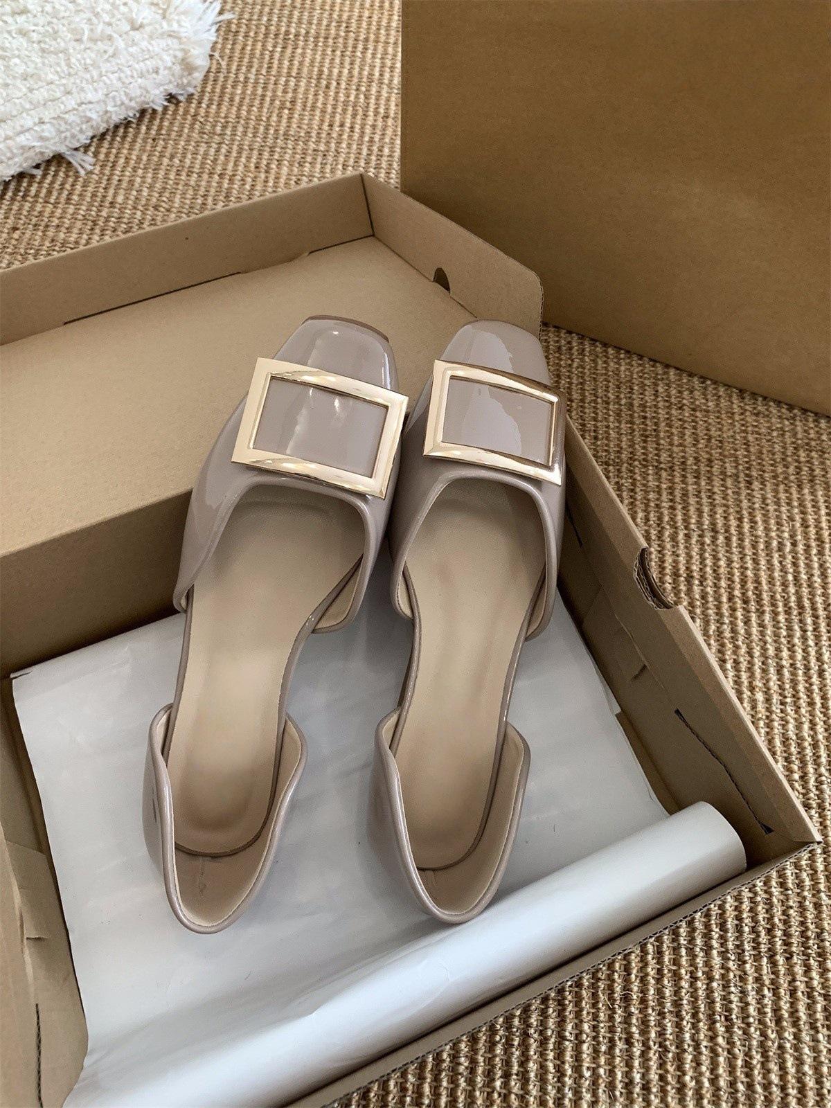 Temperament Hollow Square Head Single Shoes Women s Shoes Summer Flat Bottom Black Square Buckle Shoes 40 серый