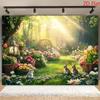 2D Easter Bunny Polyester Backdrop, Spring Garden Forest Background for Easter Party Decor