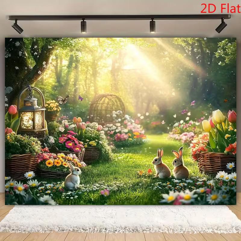 2D Easter Bunny Polyester Backdrop, Spring Garden Forest Background for Easter Party Decor