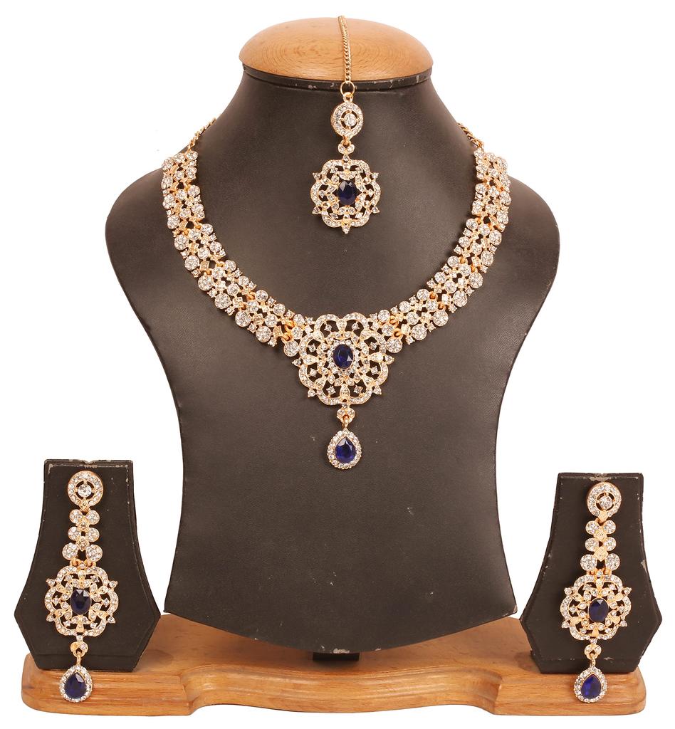 Touchstone Women's Indian Jewelry Set, Gold Wedding Tikka Necklace Set, Guest Costume, Fancy Bridal Jewelry, Rhinestone, Crystal, Elegant Formal Prom