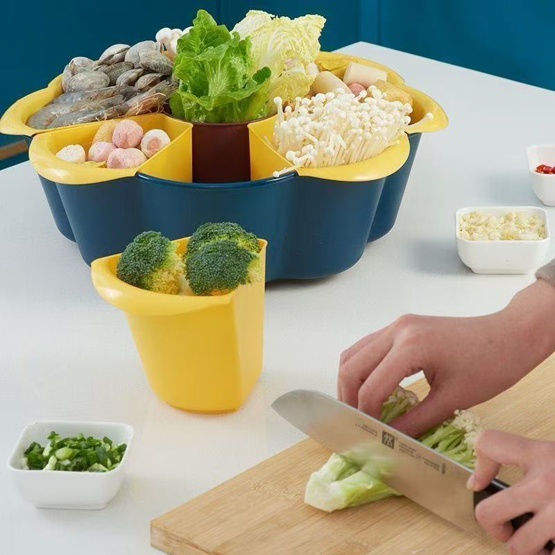 6 Compartment Hot Pot Platter Vegetable Rotating Draining Basket Reusable Food Storage Kitchen Supplies Serving Dish