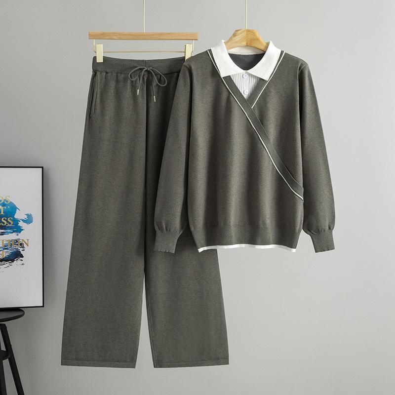 New Autumn and Winter Fake Two-piece Set: Women's Lapel Patchwork Color-blocking Sweater, Stylish and Youthful Wide-leg Pants