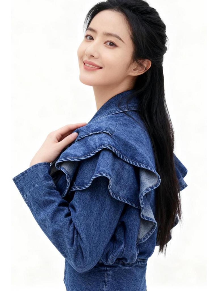 Korean-Style Ruffle Slim-Fit V-Neck Denim Jacket
