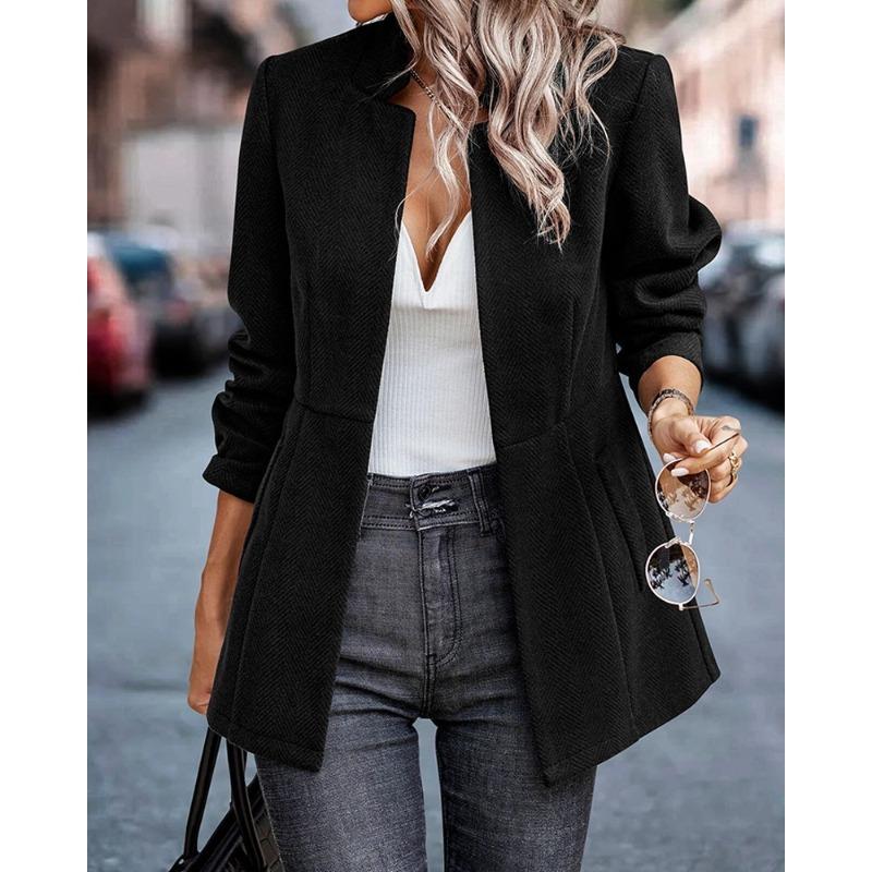 VEZFAA   Women's Fashion Casual Solid Color Print Fall Winter Long Sleeve Stand-Neck Jackets & Coats