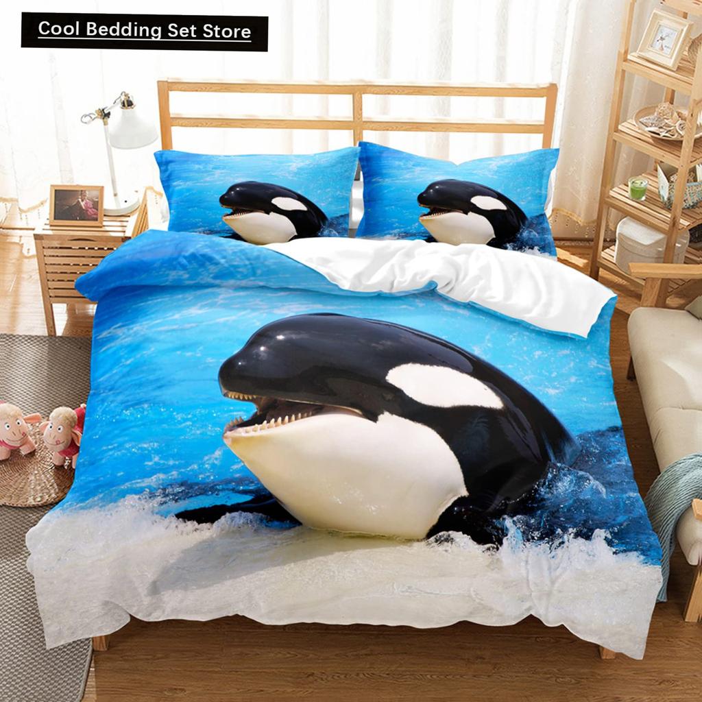Whales King Queen Duvet Cover Ocean Animal Bedding Set Seaweed Starfish Marine Life Quilt Cover Blue Polyester Comforter Cover