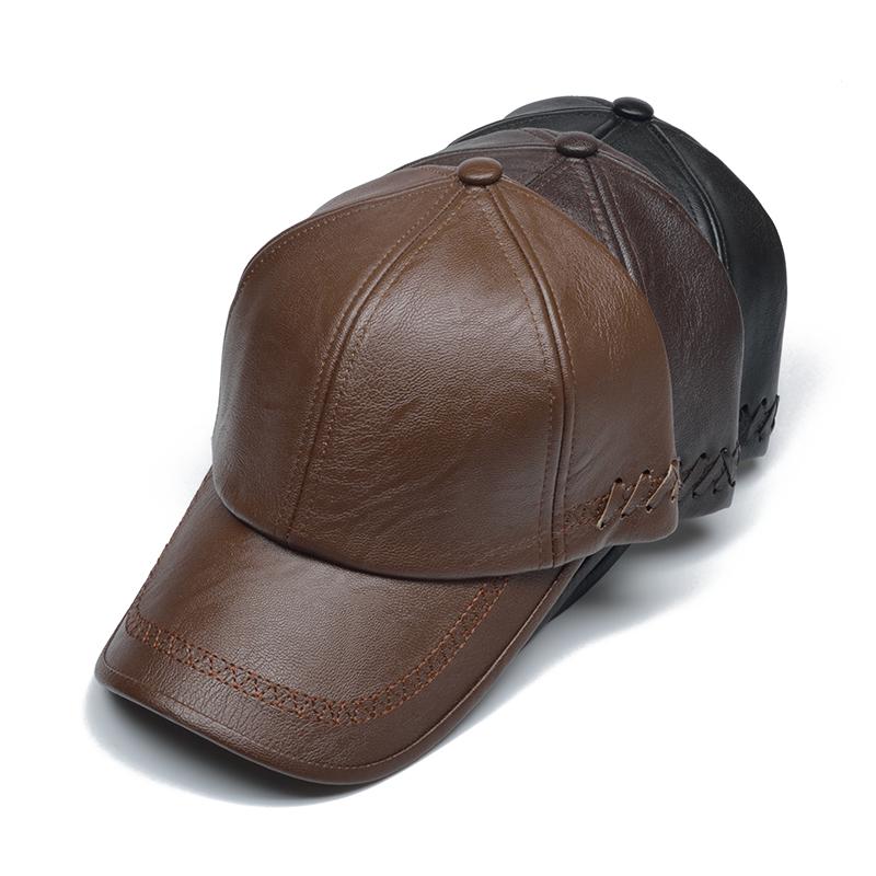 Men's Winter Wool Baseball Cap With Earmuffs - PU Leather Warm Hat With Ear Warmers