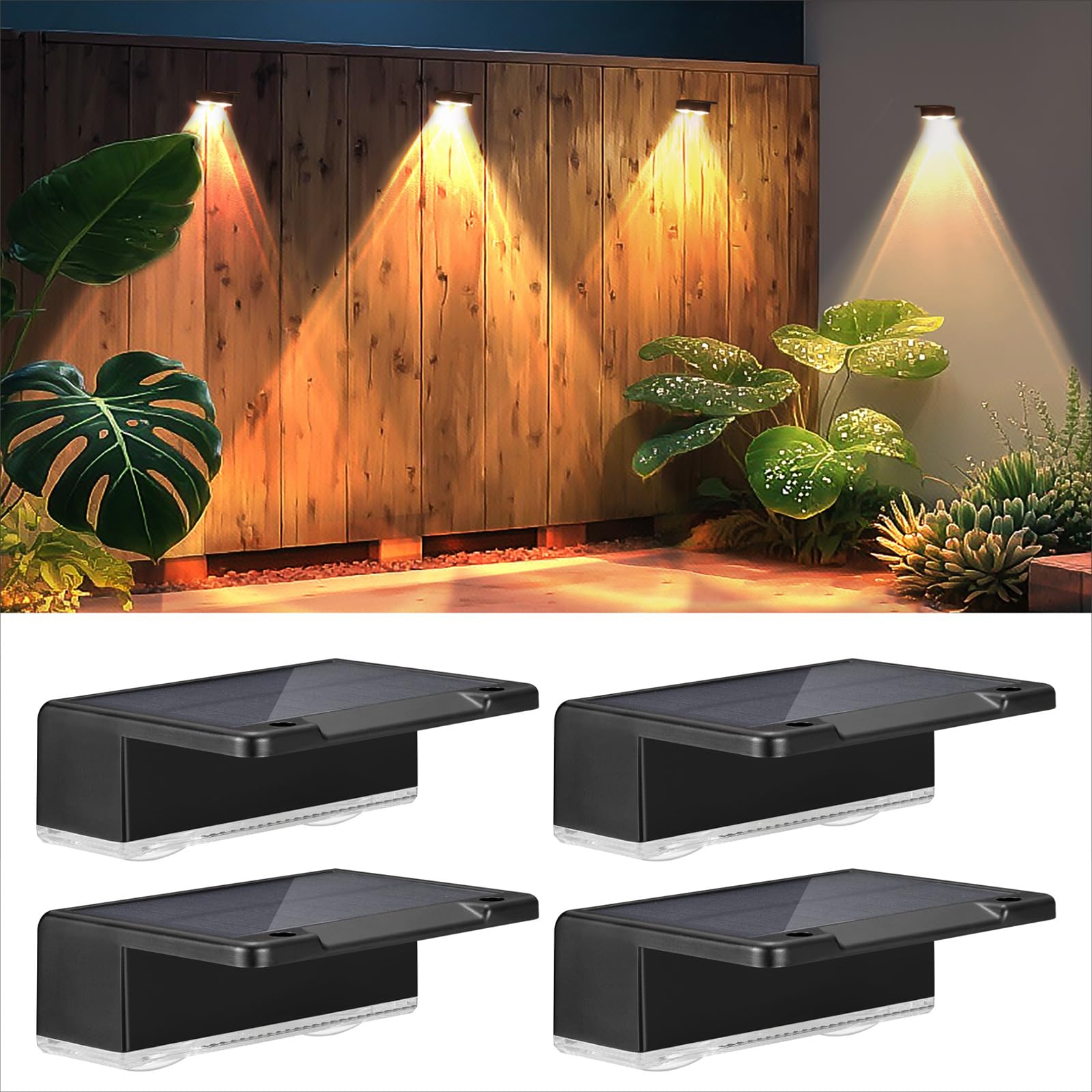 

ANOTEK Solar Lights, Stylish Outdoor Lights, 4-Pack - 3 Modes (WarmNeutralCool White), Stylish Solar Fence Lights, LED Garden Lights, Nameplate