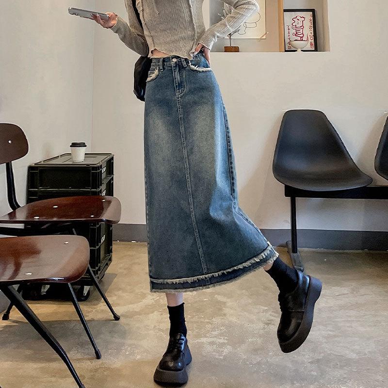 

Юбка из денима с необработанным краем, женская летняя, с высокой талией, тонкая, средней длины, А-силуэт, полуоблегающая, в стиле ретро, универсальная, удобная, модная, джинсовая юбка-бюстье XXL джинсовый