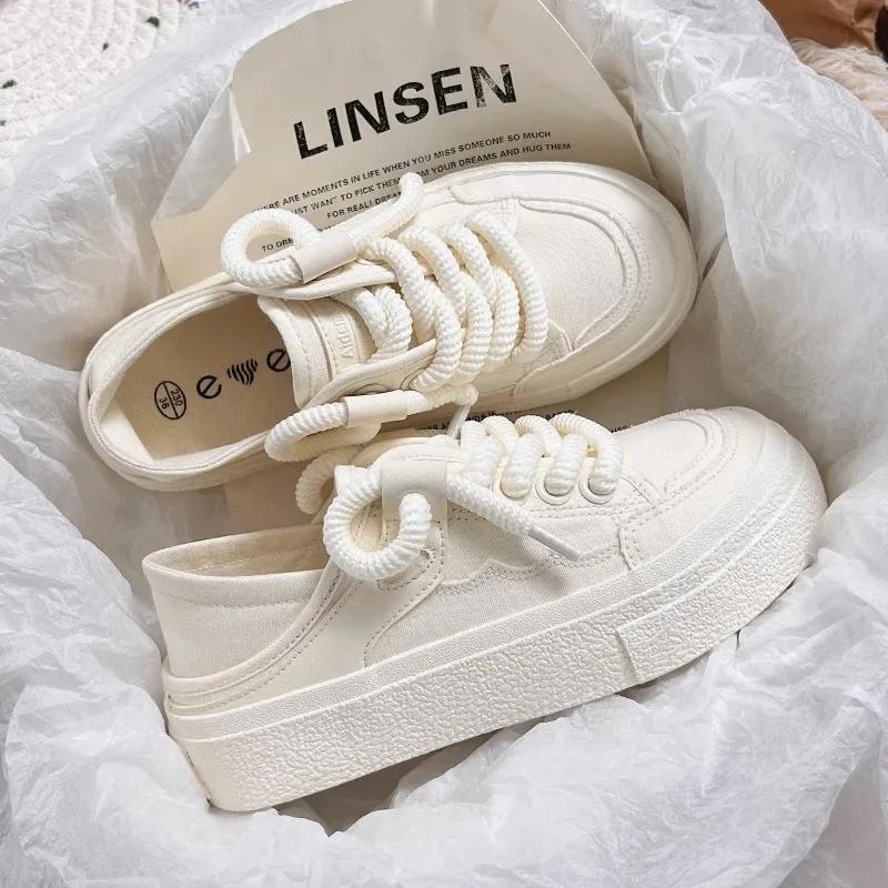 

Fashion 2024 New Lace-up Vulcanized Shoes Autumn Women s White Canvas Sneaker All-match Round Toe Flat Casual Outdoor Running Zapatillas 35