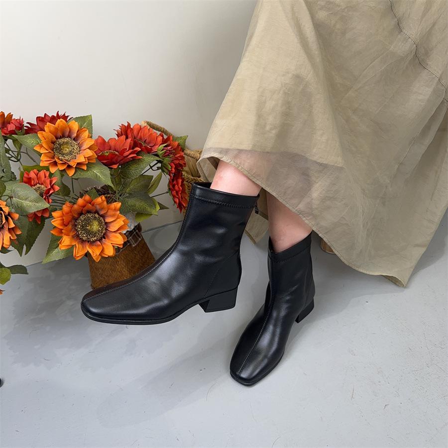 

Johnature Натуральная кожа Ретро Сапоги до середины голени с толстым каблуком и квадратным носком Универсальная женская обувь 35 чёрный