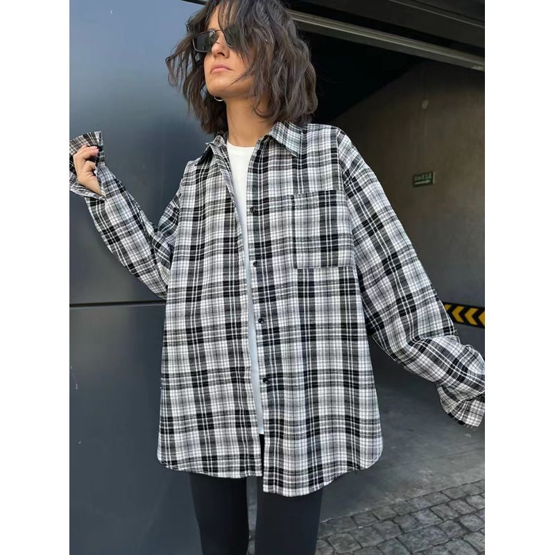 

Мода Новое поступление Повседневная рубашка в клетку Карманы Лацканы Длинные рукава Топы Карман Лацкан Клетчатая рубашка Black and white check S