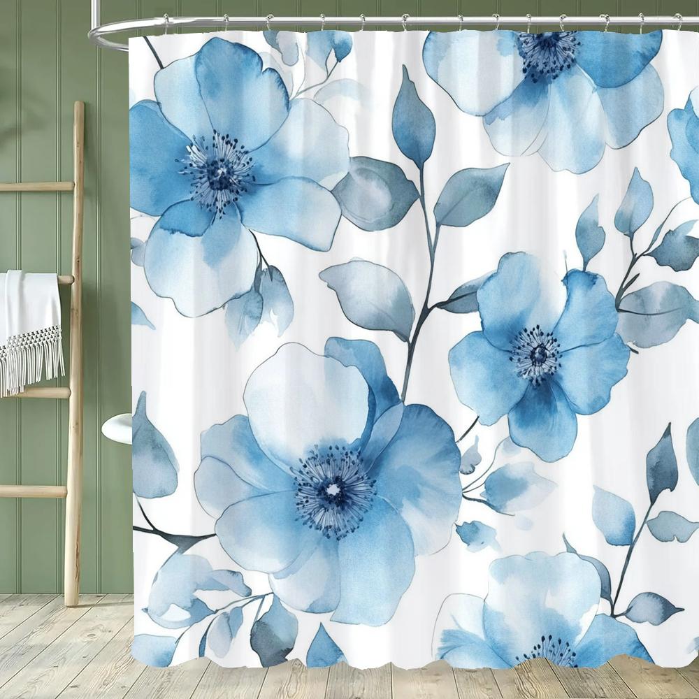 Beautiful Flowers Shower Curtain for Bathroom Blue Floral Romantic Wildflower Plants Nature Scenery Home Decor Curtain with Hook