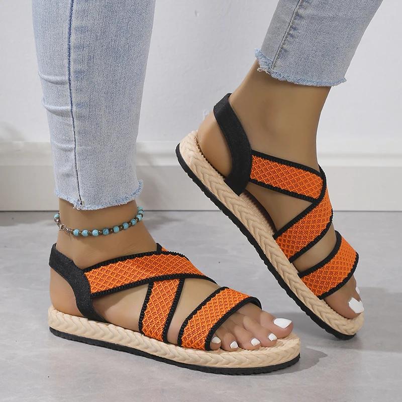 Fashion Ladies Shoes 2025 Fashion Open Toe Women's Sandals Summer Elastic Band Casual New Plus Size Color Matching Light Flat Sandals