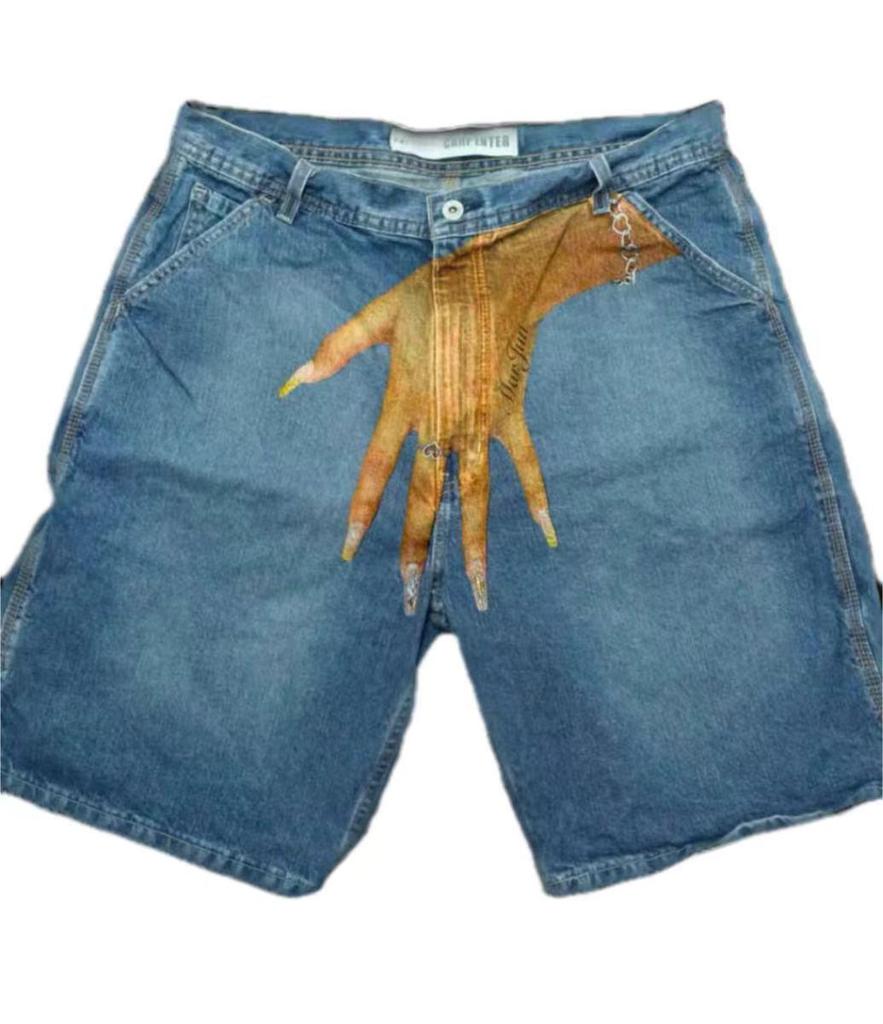 "Men's Y2K Hip-Hop Trend Pattern Denim Shorts - European and American High Street Fashion for Couples"