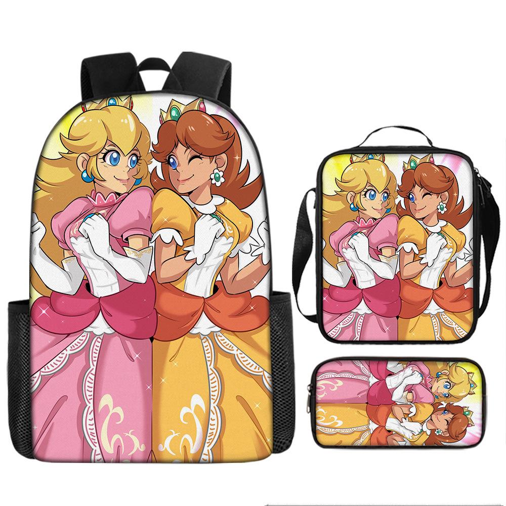 Sada batohů s kresleným motivem Super Maria, Školní taška princezny Peach, 3dílná, polyesterová, Batoh s herním motivem