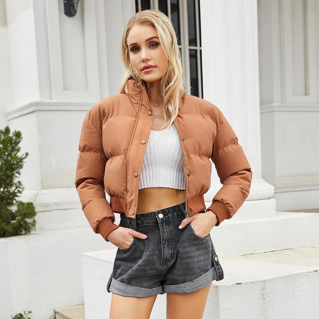 Winter Women's Short Cotton Jacket Long Sleeve High Neck Warm Loose Casual Puffer Coat 612