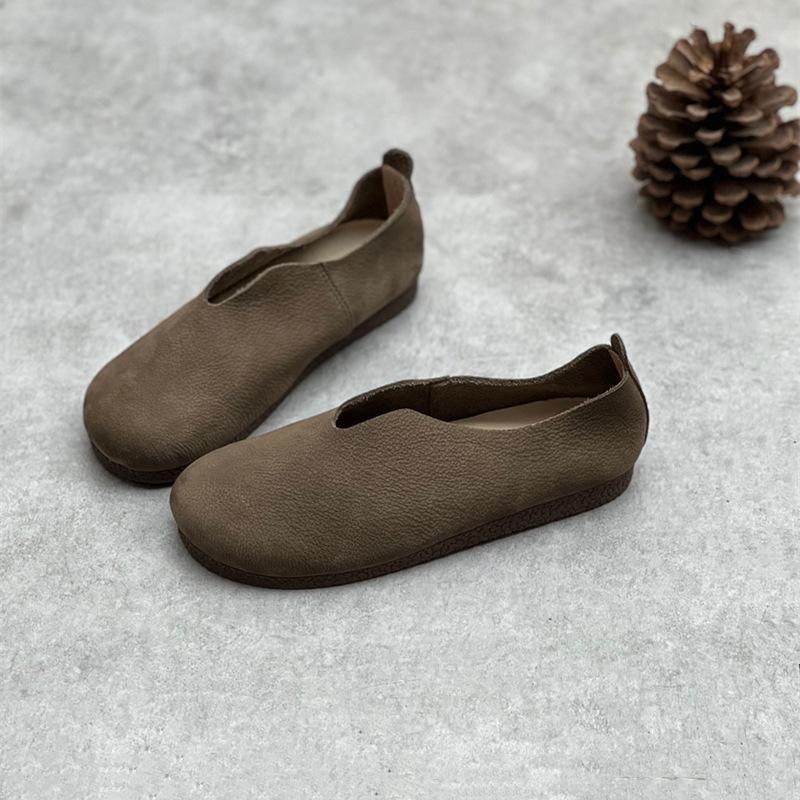 Johnature Genuine Leather Solid Color Women Flats Shoes Concise Retro Handmade Round Toe Shallow Slip-on Shoes