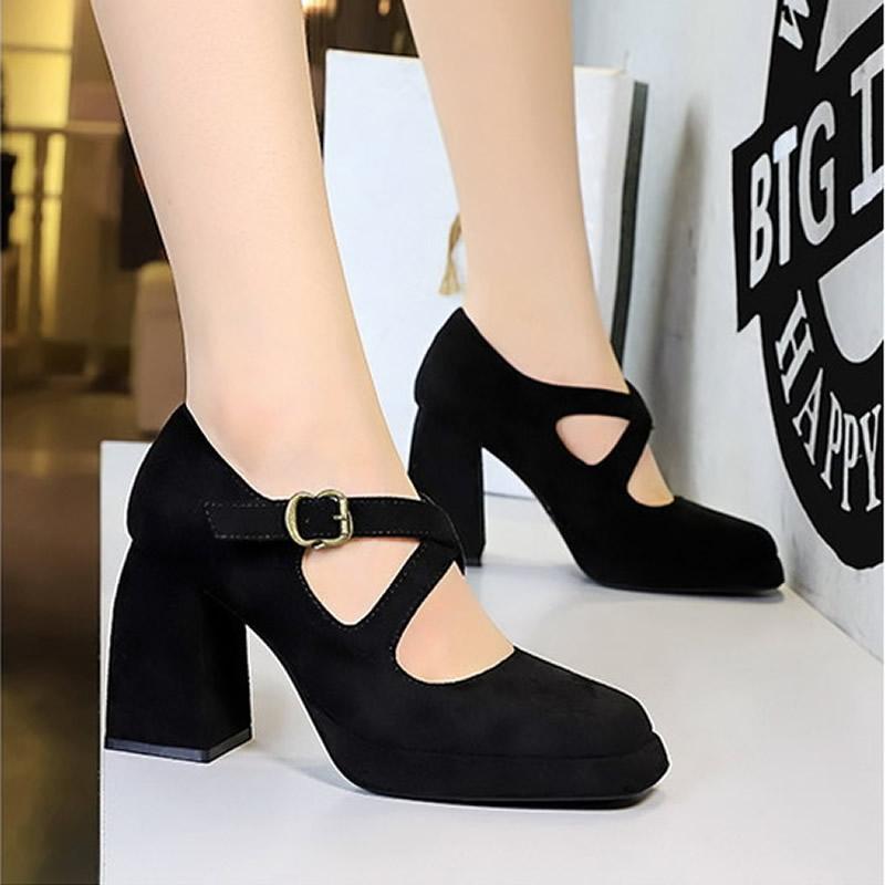 

Жіноче взуття на високих підборах з товстим низом, однотонні модні туфлі, однотонне взуття, весна-літо, пряжка на щиколотці, елегантні жіночі туфлі на підборах 34 леопард друку кольору