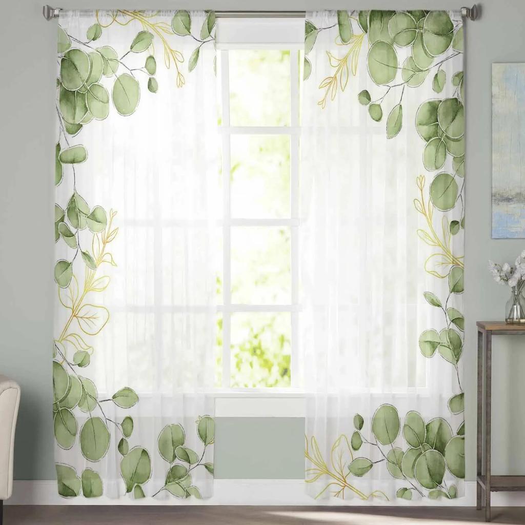 Summer Watercolor Eucalyptus Leaves Sheer Window Curtains For Living Room Kitchen Children Bedroom Voile Hanging Curtain