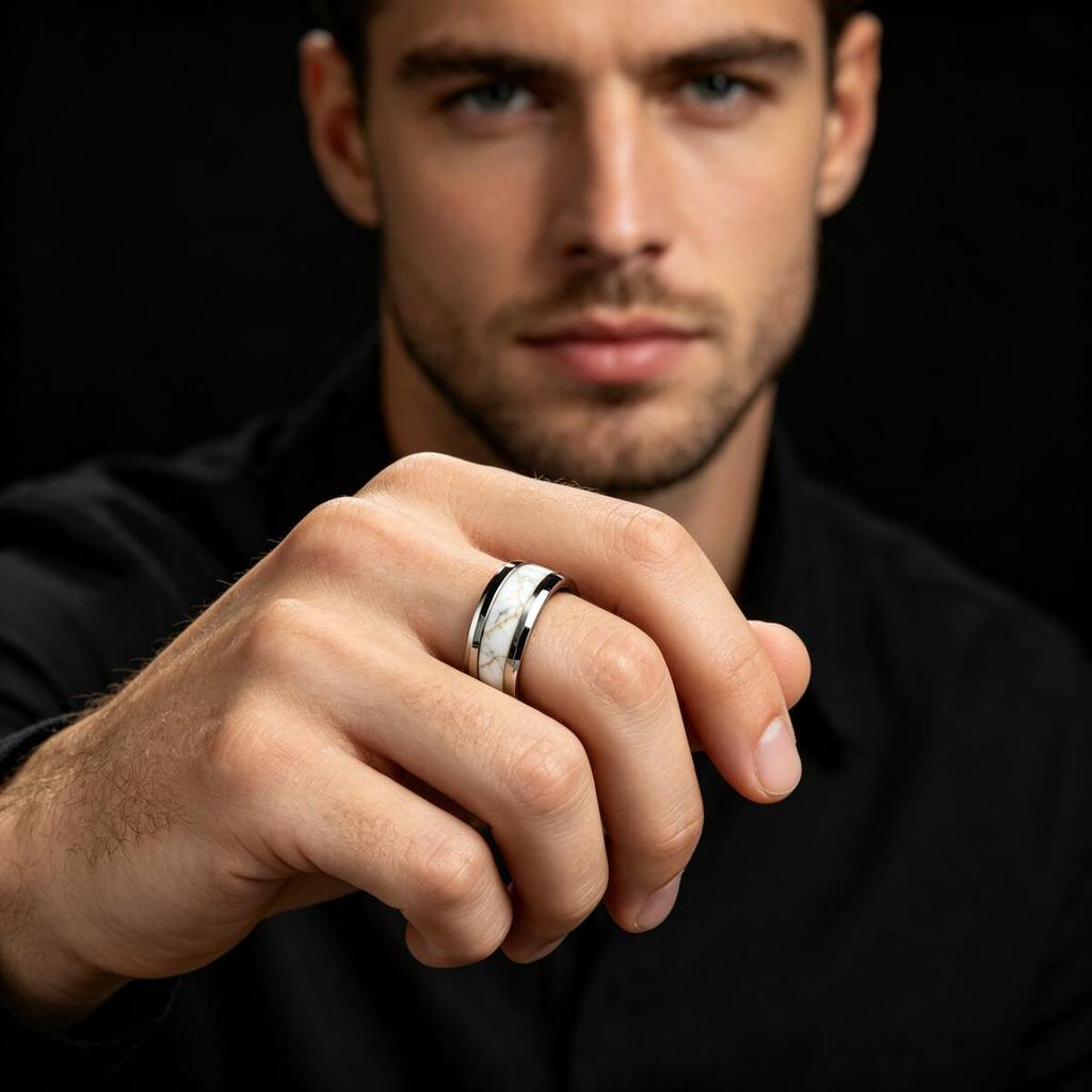 Modern Luxury White-Gray Inter-Golden Marble Texture Inlay Classic Stainless Steel Rings For Men Women Wedding Band Jewelry Gift