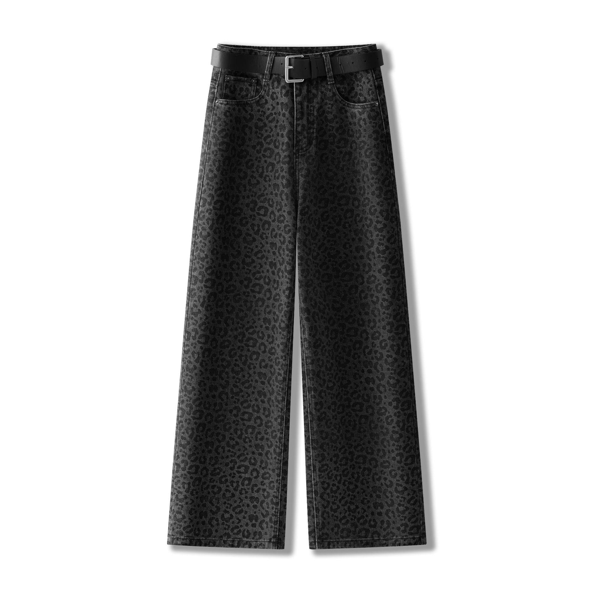 

European Style Leopard Rhinestone High-Waist Retro Wash Denim Pants - 2025 Spring/Autumn Loose Straight Leg Fashion 2XL / 30 леопардовий/чорний
