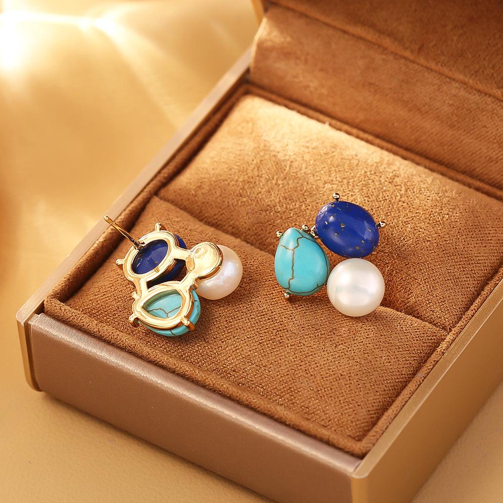 Natural Lapis Lazuli Geometric Pearl French Elegant Temperament High-end Silver Needle Earrings for Women .