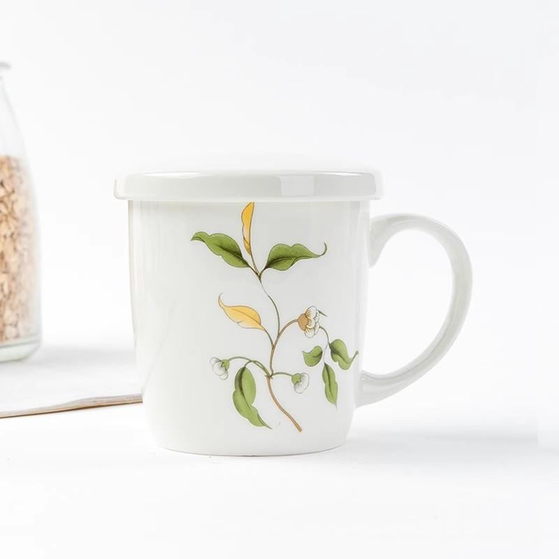 White Bone China Coffee Cup New Household 310ml Flower Pattern Overglaze Color Mugs with Lid High Aesthetic Milk Oats Cup