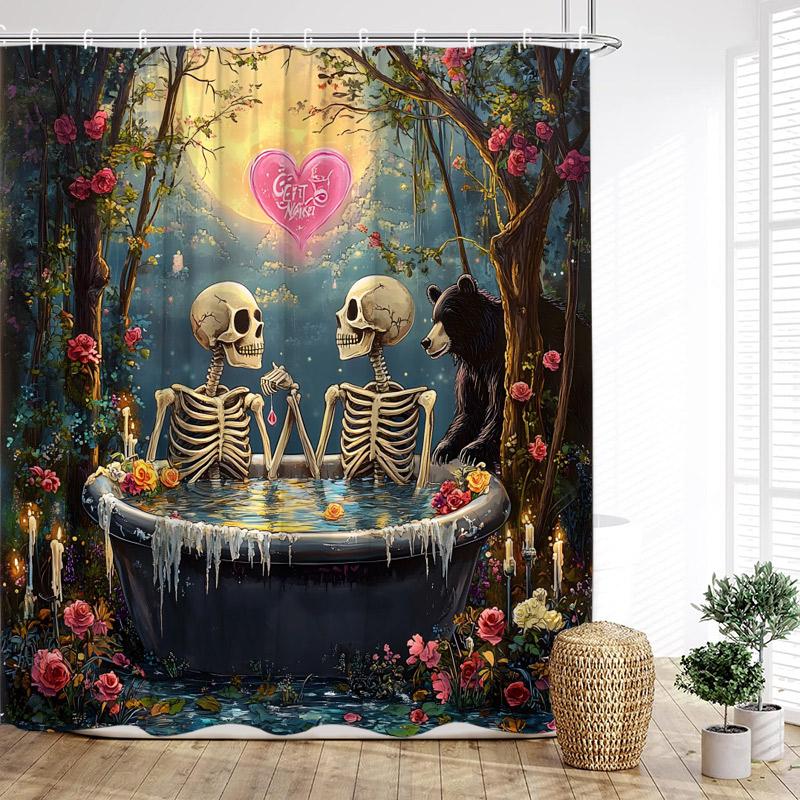 Rolig Badande Älskare Skelett Duschdraperier Skog Rosor Blommor Träd Hjärta Alla Hjärtans Dag Badrumsgardin Tyg Heminredning
