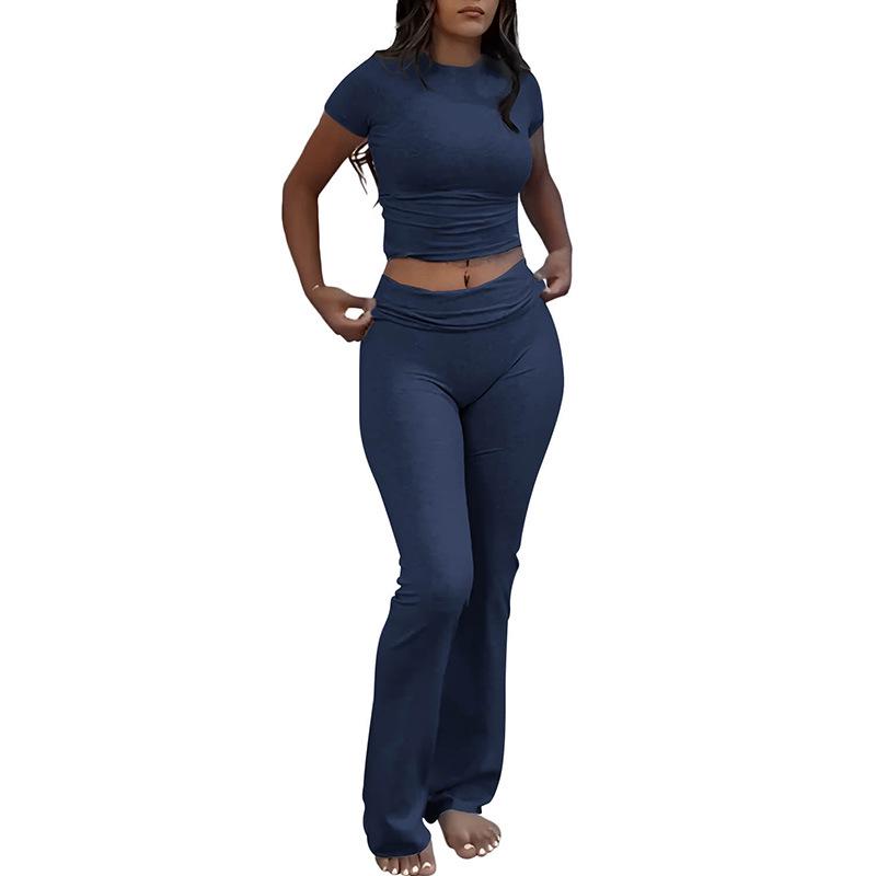 Women's Casual Workout Two-piece Set - Round Neck T-shirt & Low-waisted Flared Pants