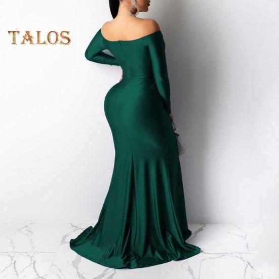 Lady Evening Dress V Neck Off Shoulder Side Slit Floor Length Long Sleeves Pleated Slim Fit Maxi Dress Ball Gown Banquet Party Dress