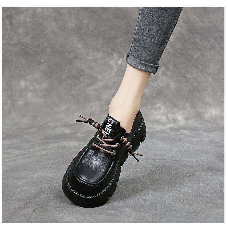 Women's Genuine Soft Leather Loafers, British Style 2025 - Spring/Autumn, Thick Sole, Lace-up, Versatile, Comfortable Shoes
