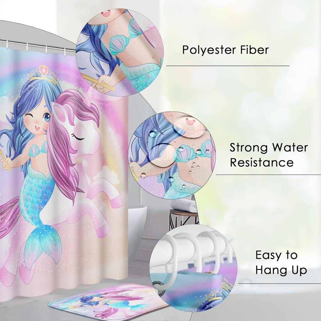4 Pcs Shower Curtain Sets, Cute Unicorn Mermaid Cub Kids Rainbow Waterproof Bathroom Sets with Non-Slip Rugs, Toilet Lid Cover and Bath Mat,