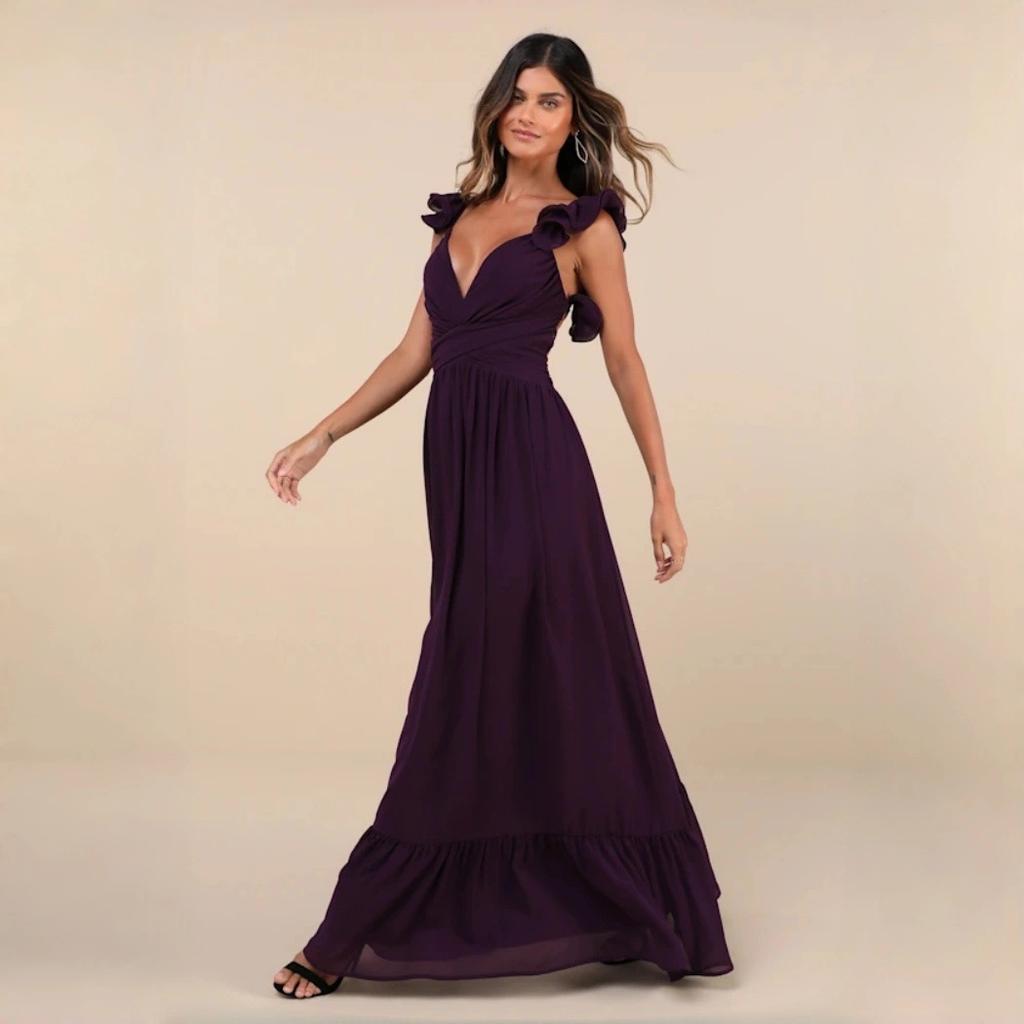 Women's clothing popular ruffle leaf edge chiffon dress backless cross strap waist European and American style long dress women