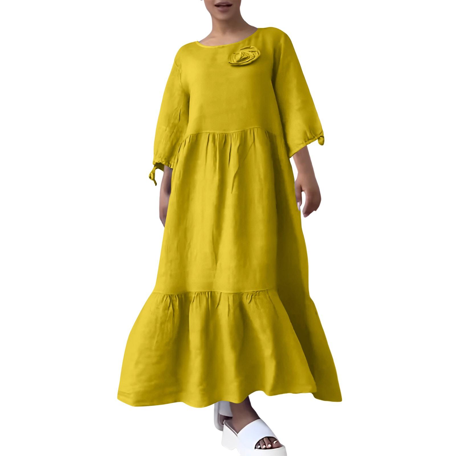 

Женское модное повседневное платье с круглым вырезом, плиссированными рукавами, завязками на спине и шнуровкой, однотонное XL жёлтый