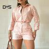 Women's Summer Eyelet Two Piece Outfit Long Sleeve Button Down Shirt with High Waist Shorts Casual Lounge Matching Suit