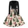 Women's Vintage V-Neck Long Sleeve Christmas Print Casual Dress