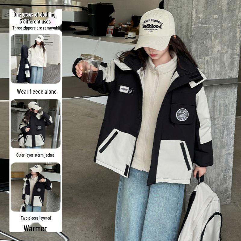 Girls' 2025 Three-in-One Windbreaker: Waterproof, Windproof, and Thickened for Autumn and Winter. Loose-fitting, Trendy Outdoor Coat.