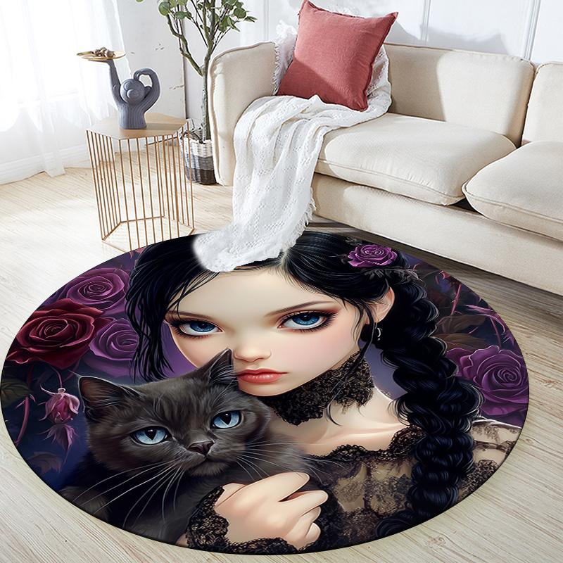 

Black Cat Girl Round Area Rug,Carpet Rug for Living Room Bedroom Sofa Playroom Decor,Non-slip Floor Mat 80cmx80cm