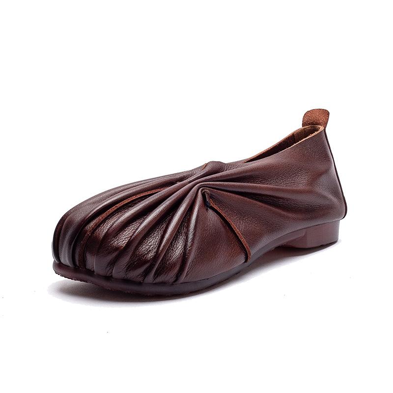 GKTINOO 2025 Autumn New Retro Handmade Pleated Flats Genuine Leather Round Toe Soft Soled Lightweight Women's Slip-on Shoes