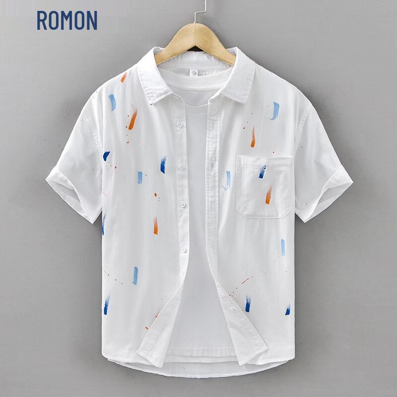 ROMON Men s Splatter Paint Short Sleeve Cotton Shirt 2XL