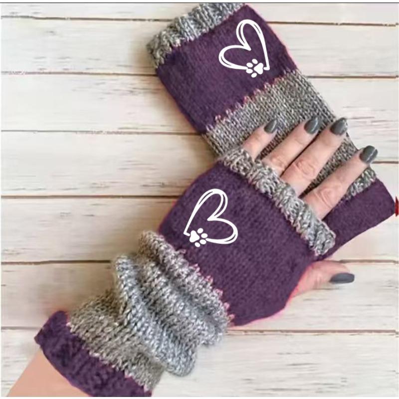 Gants en tricot sans doigts avec broderie de chat et patchwork, Gants décontractés ouverts aux doigts tendance pour femme, Mitaines chaudes d'hiver sans doigts