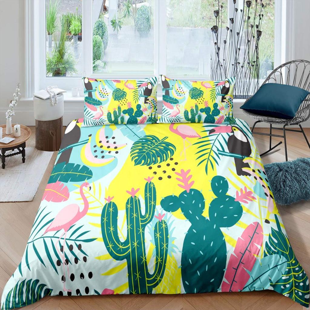 Floral Bedding Set 3pcs Cactus Succulents and Flowers Decor Comforter Cover Plant Soft Polyester Quilt Cover with 2 Pillow Cases