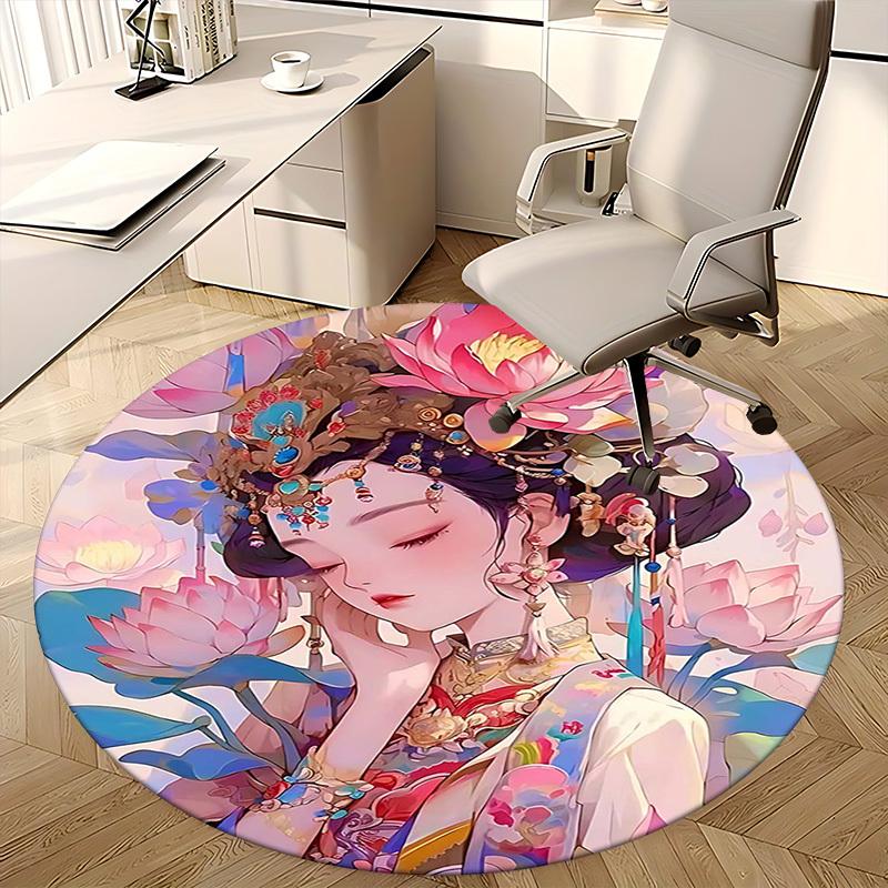 1pc Anime Design Lotus Flower Round Carpet Office Chair Mat, Non Slip Rug for Home Decor, Living Room, Bedroom, Game Room, Festival Gift