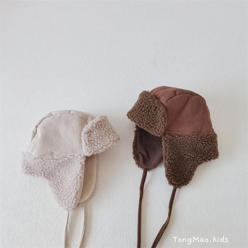 Winter Children Plus Velvet Earmuffs Windproof Coldproof Warm Corduroy Cap Boy Girl Baby Fleece Cotton Thicken Solid Hat 2-6Y