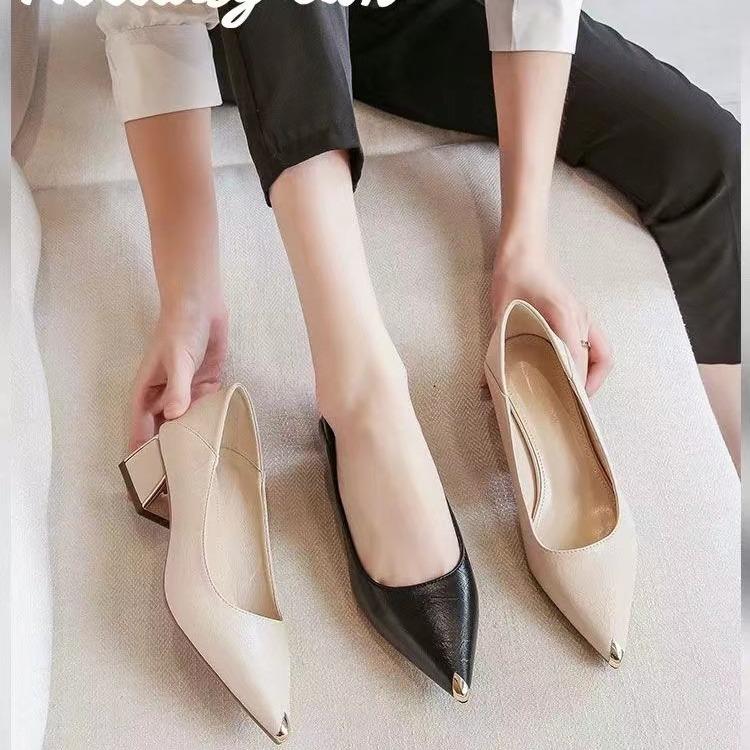 Pointed High Heels Femininity Thick Heel 2024 New Middle Heel Spring and Autumn Black Professional Versatile Comfortable Soft Sole Single Shoes