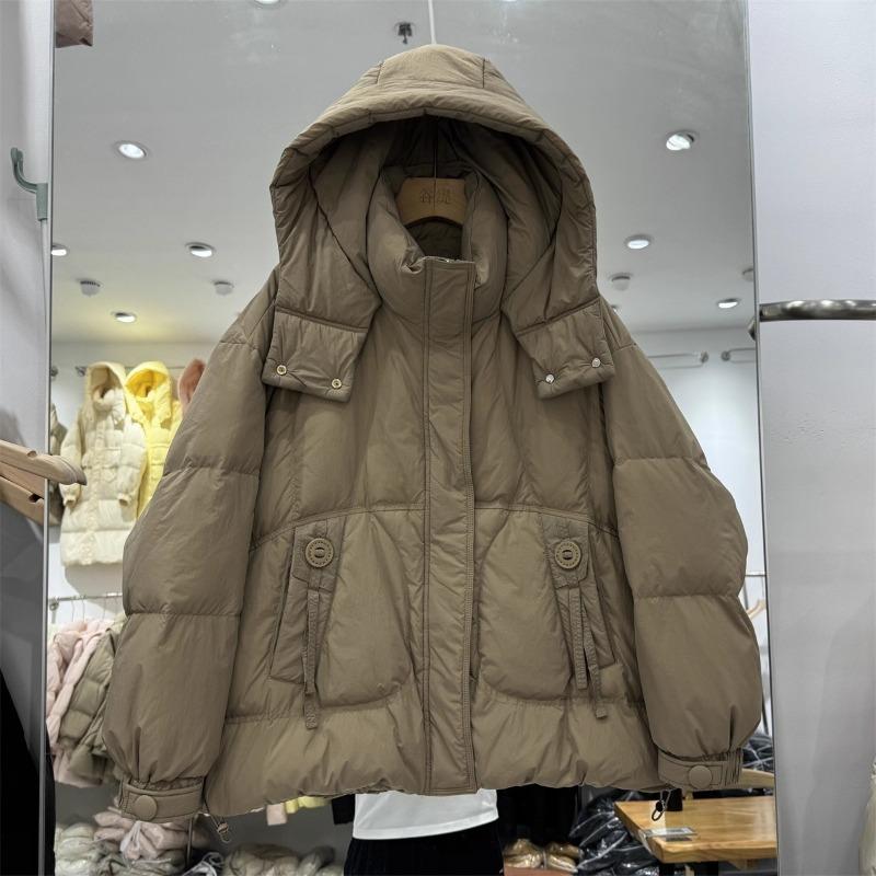 Fashion white hooded round buckle down jacket women's short winter new loose warm white duck down jacket