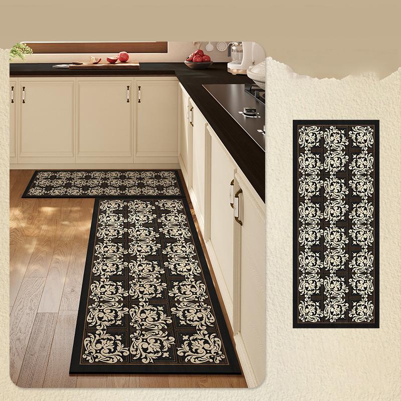 

Floor Mat for Kitchen Non-slip Waterproof Oil-proof Leather Carpet PVC Black Retro Texture Rug Long Ruler Home Decoration Mats 1pc 50x80cm
