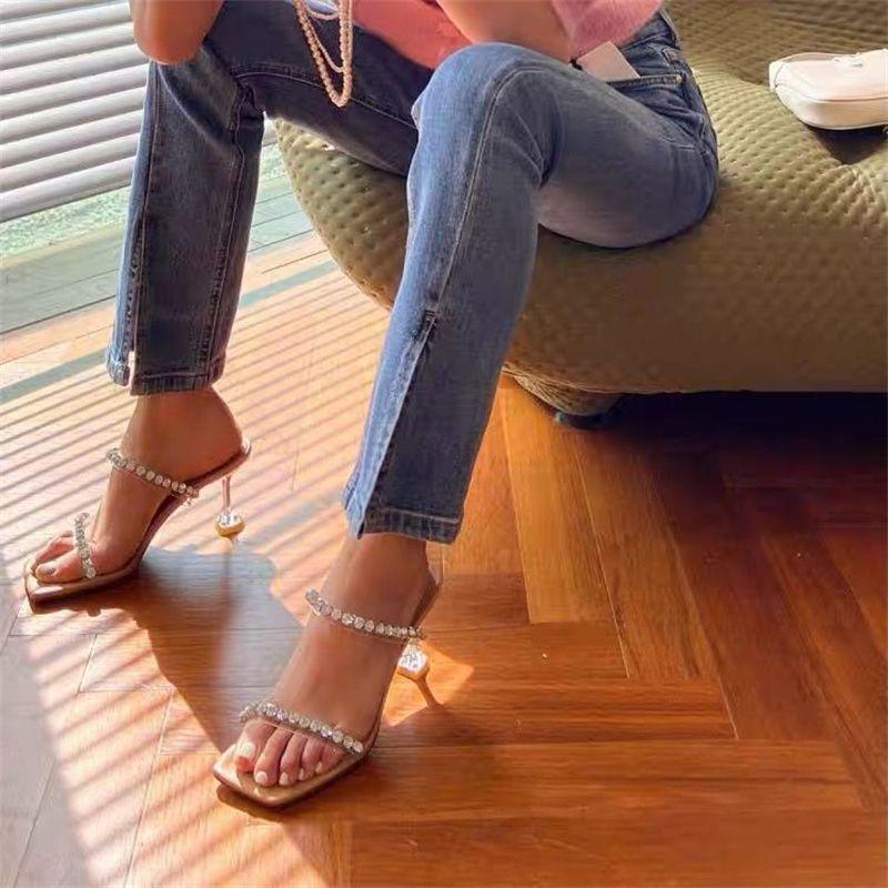 Sandals women's summer 2025 new transparent one-word with rhinestone high heels square toe nude thin heel cool slippers